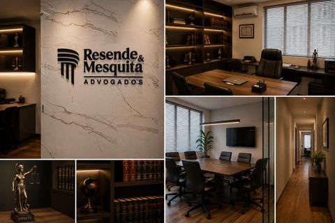 Ambientes do escritório Resende & Mesquita Advogados: recepção, sala privativa, sala de reuniões e corredor